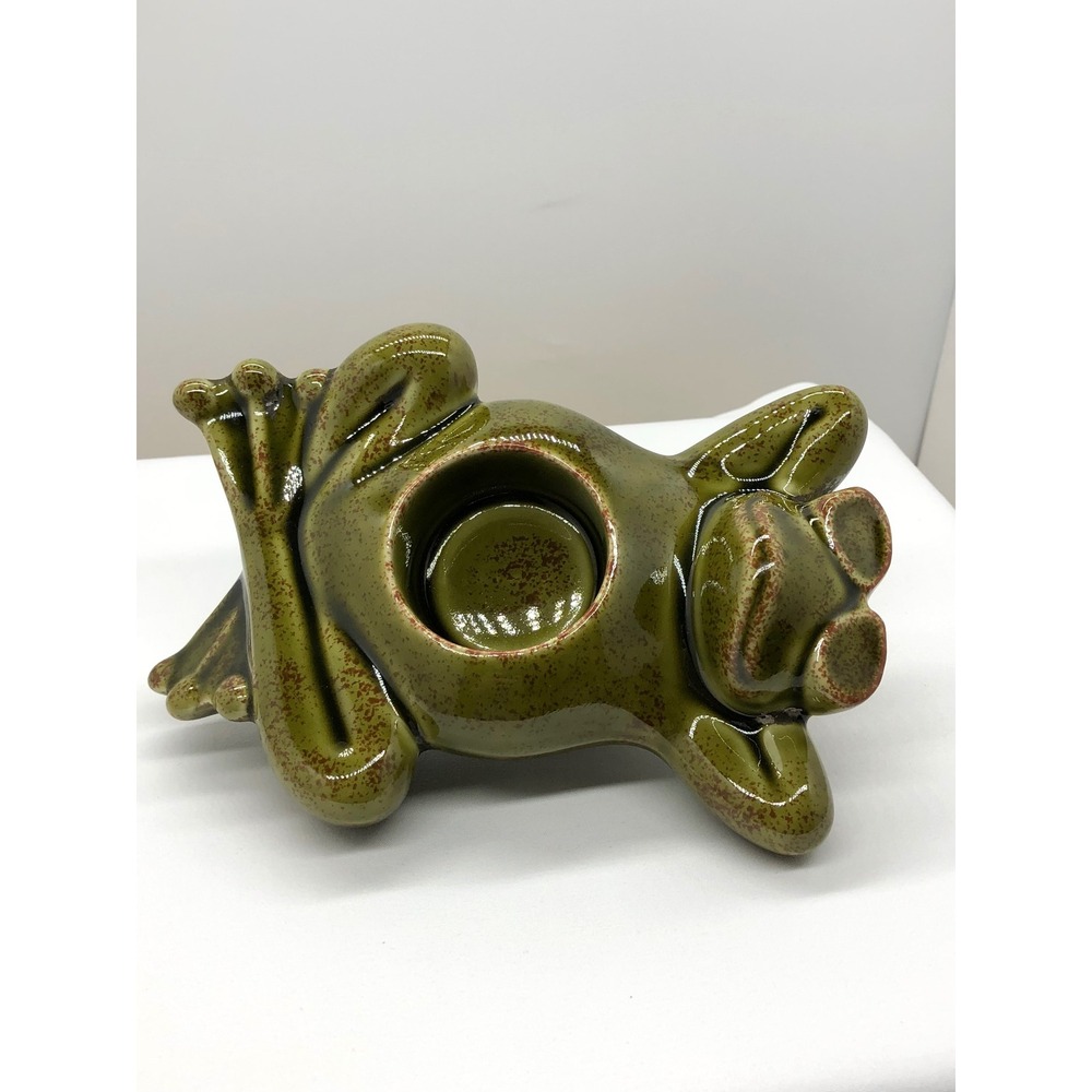 Green Ceramic Lounging Frog Tea Light Candle Holder Sunglasses Whimsical - Picture 9 of 9